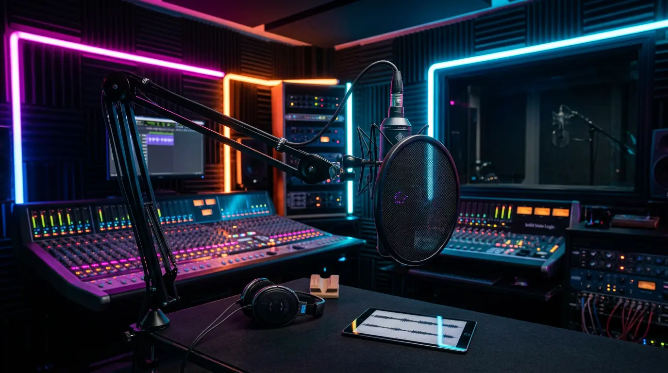 Estúdio de gravação profissional com microfone condensador e mesa de som iluminados em neon